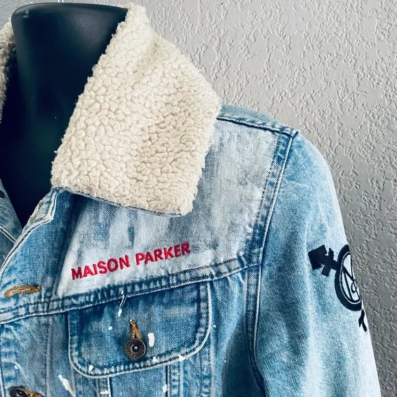 Denim Jacket w/ Sherpa Collar Designed, Painted, & Embroidered by Maison Parker - Picture 2 of 7